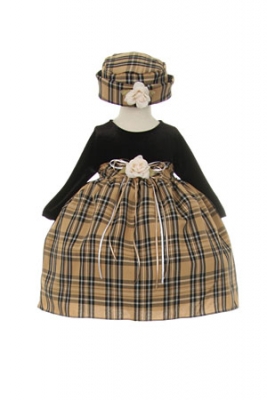 Girls Dress Style ME611- Long Sleeve Velvet and Tartan Plaid Dress with Hat in Choice of Color