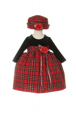 Girls Dress Style ME611- Long Sleeve Velvet and Tartan Plaid Dress with Hat in Choice of Color