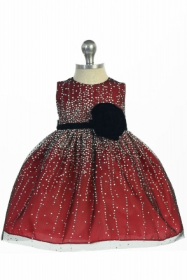 Girl Dress Style 994- Sleeveless Flocked Sparkle Dress with Waist Flower in Choice of Color