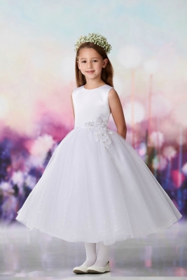 SALE_Joan Calabrese Style 119380 - WHITE Satin with Beaded Skirt with Organza Overlay