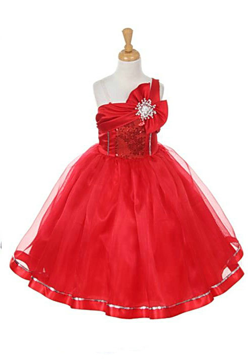 KK_2061R - Flower Girl Dress Style 2061- RED One Shoulder Satin and Organza Dress with Sequin Bodice - Red - Flower Girl Dresses - Flower Girl Dress For ...