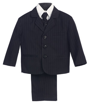 Boys 5 Piece Black with White Pinstripe Suit Set Style 3750