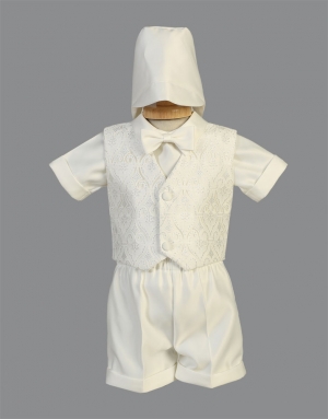 Boys Baptism-Christening Vest and Shorts Style 8475-IVORY Glittered Tulle and Satin Set
