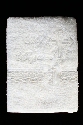 White Christening Towel with Embroidered Cross and Drove Style B-100