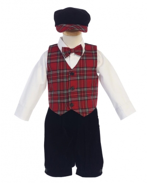 Boys Plaid Set - Vest & Bowtie with Velvet Knickers & Hat