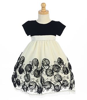 SALE Girls Dress Style C989 - Short Sleeved Rose Inspired Satin Ribbon Dress in White/Black Size 2T