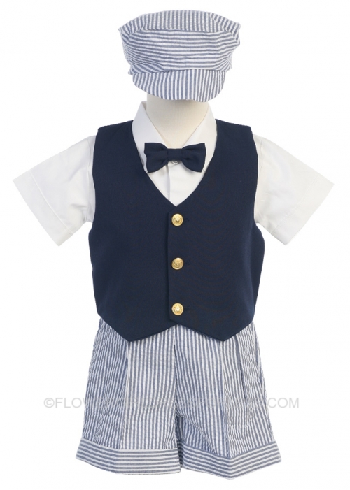 L_G821 Boys Vest Set Style G821- NAVY Striped Seersucker Shorts