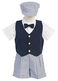 Boys Vest Set Style G821- NAVY Striped Seersucker Shorts Set with Hat