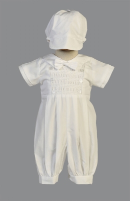 Boys Baptism-Christening style ISAAC - WHITE Smocked Cotton Romper with Hat