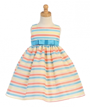 Girls Dress Style M700 - IVORY-MULTI Sleeveless Striped Organza Dress