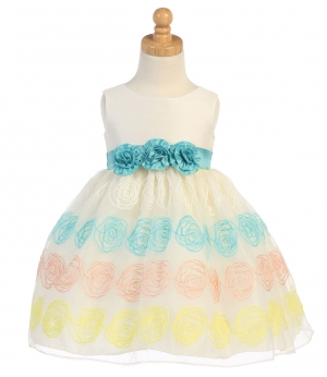 Girls Dress Style M704 - IVORY-TEAL Floral Embroidered Organza Dress