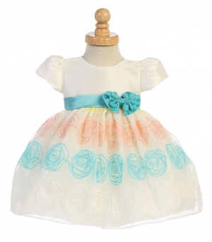 Girls Dress Style M712 - IVORY-TEAL Short Sleeve Floral Embroidered Organza Dress