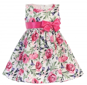 Girls Dress Style M727 - FUCHSIA Cotton Floral Print Dress