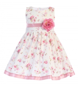 Girls Dress Style M734 - PINK FLORAL Sleeveless Cotton Floral Print Dress