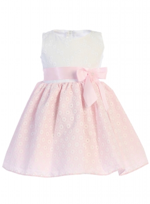 Girls Dress Style M736 - WHITE-PINK Embroidered Cotton Dress
