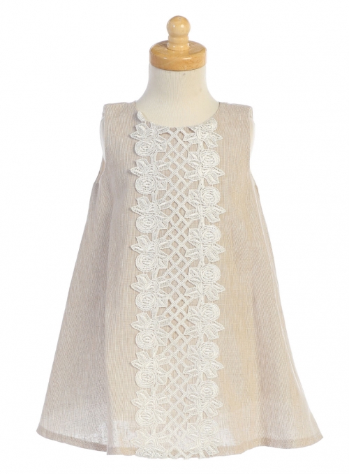 Girls Dress Style M741 - Khaki Cotton Linen and Lace Dress