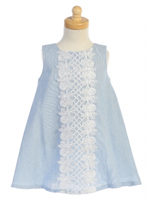 Girls Dress Style M741 - Light Blue Cotton Linen and Lace Dress