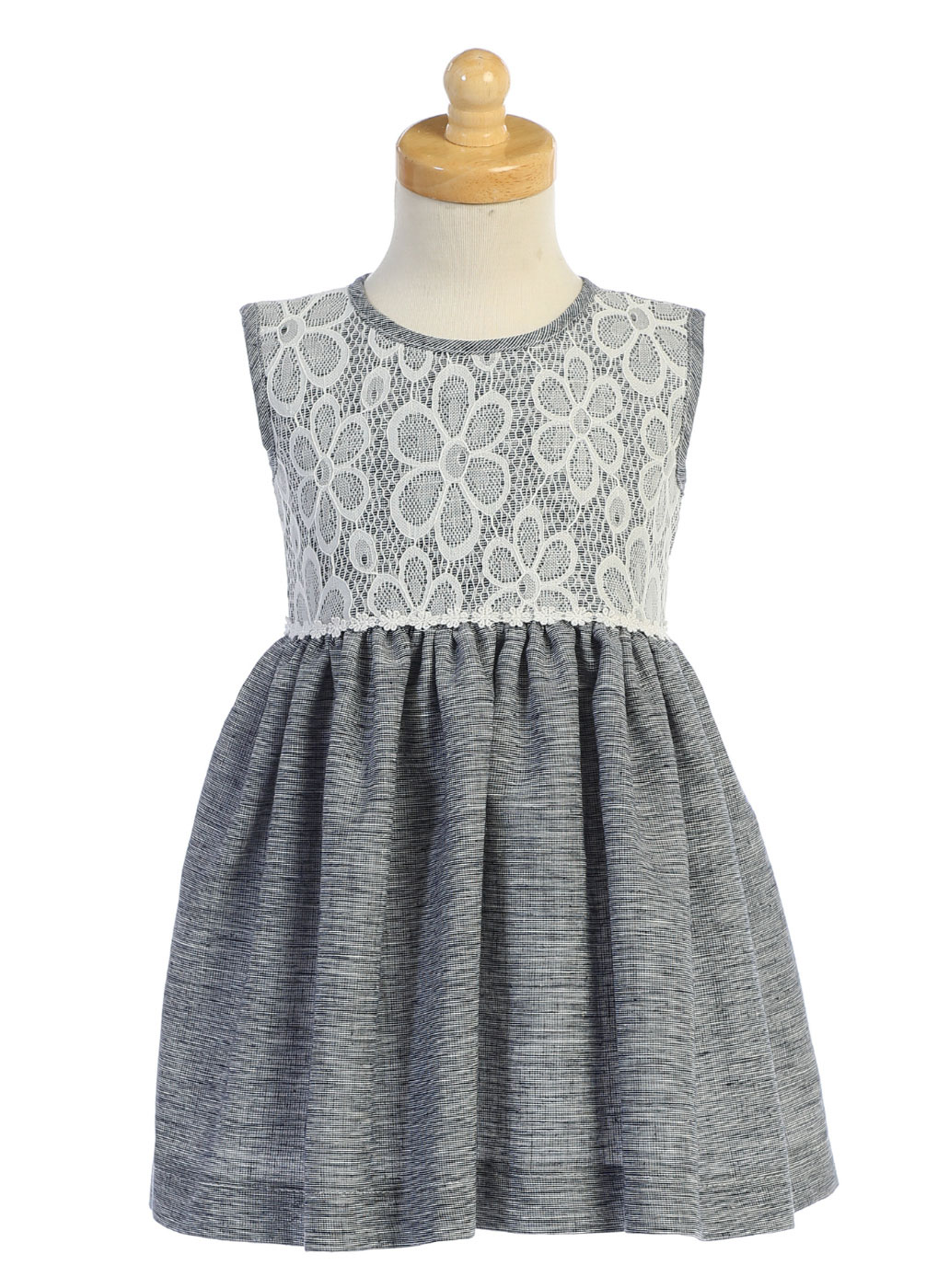 L_M752NV Girls Dress Style M752 Navy Sleeveless Lace and Cotton