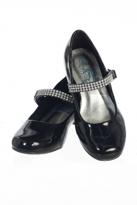 Girls Shoe Style Mia- Black Patent Mary Jane Shoe with Rhinestone Strap