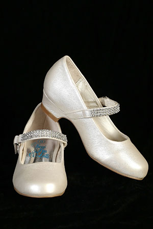Girls Shoe Style Mia- Ivory Patent Mary Jane Shoe with Rhinestone Strap