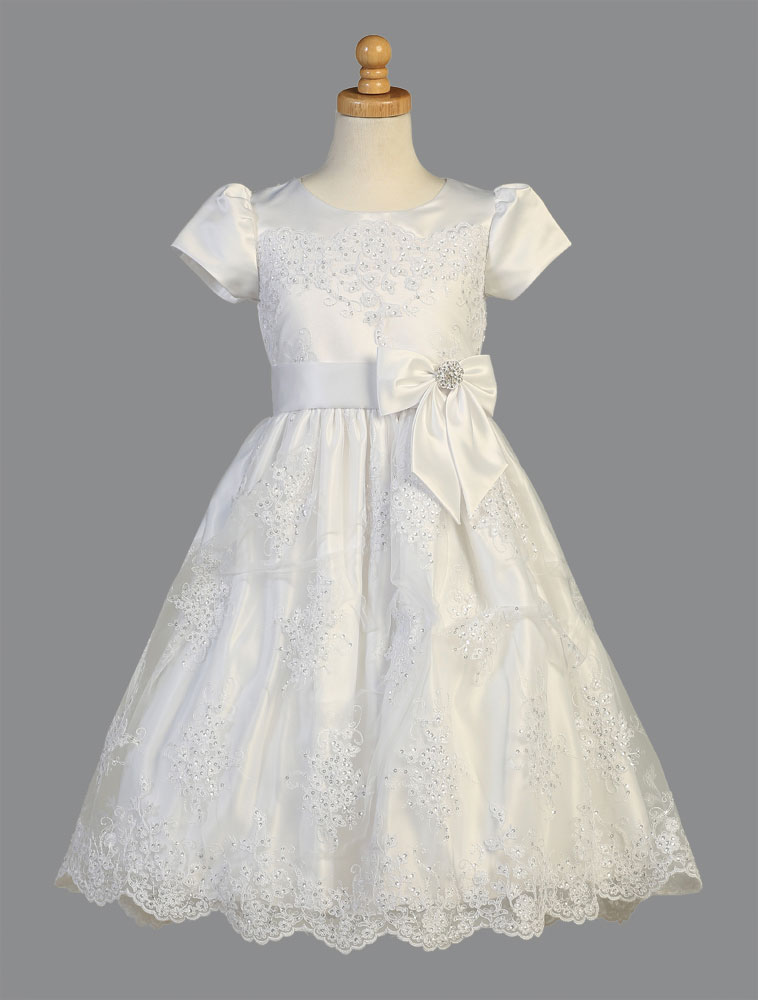 L_SP148 - Girls Dress Style SP148 - WHITE Short Sleeved Corded Tulle ...