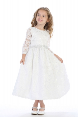 First Holy Communion-Flower Girl Style SP156 - WHITE 3 Quarter Length Sleeve Lace Gown