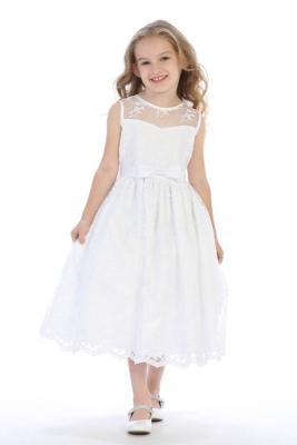 First Holy Communion-Flower Girl Style SP157 - WHITE Illusion Neckline with Embroidered Tulle