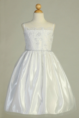 First Holy Communion-Flower Girl Style SP160 - WHITE Sleeveless Beaded Illusion Neckline Gown