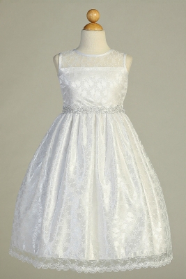 First Holy Communion-Flower Girl Style SP161 - WHITE Sleeveless Lace with Silver Corded Trim Gown