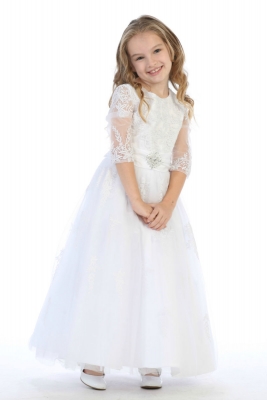 First Holy Communion-Flower Girl Style SP621 - WHITE 3 Quarter Length Sleeve Embroidered Dress