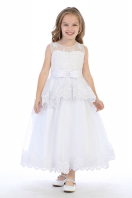 First Holy Communion-Flower Girl Style SP640 - WHITE Illusion Neckline Embroidered Dress
