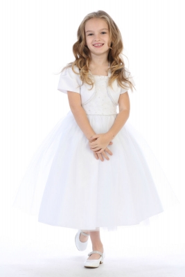 First Holy Communion-Flower Girl Style SP641 - WHITE Beaded Tulle Gown with Satin Jacket
