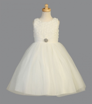 Girls Dress Style SP705  - IVORY Organza Rosette Dress with Pearl Accents