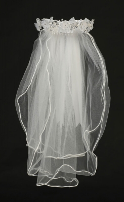 Communion Veil Style T-426 - WHITE Rhinestone Tiara with Crystal Flowers and Satin Bow