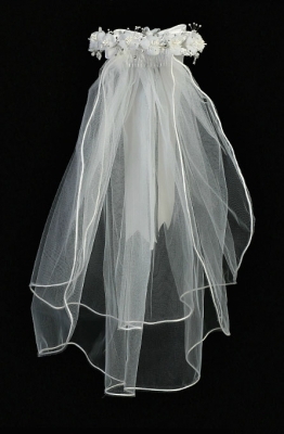Girls Headwreath with Veil Style T-464- WHITE Veil with Organza Flowers, Pearls and Rhinestones