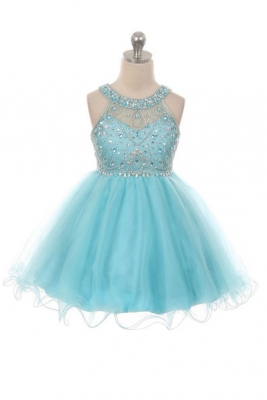 Girls Dress Style 1050 -  Short Beaded Dress in Aqua