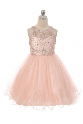 Girls Dress Style 1050 -  Short Beaded Dress in Blush