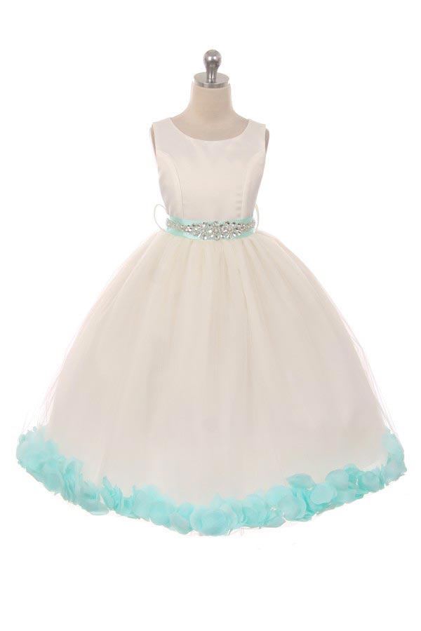 Girls Dress Style 152CB- AQUA BEADED SASH AND PETALS in Choice of White or Ivory