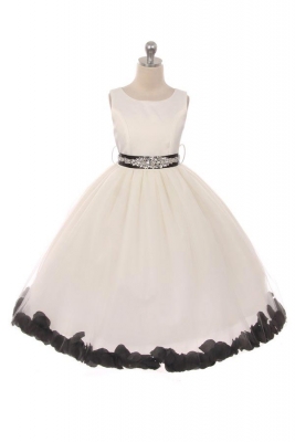 Girls Dress Style 152CB- BLACK BEADED SASH AND PETALS in Choice of White or Ivory Dress