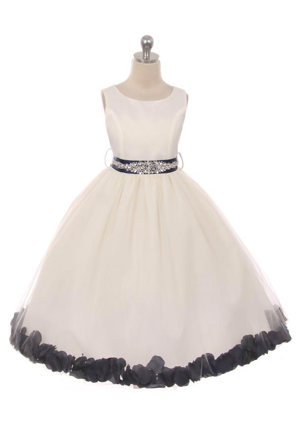 Girls Dress Style 152CB-NAVY BEADED SASH AND PETALS in Choice of White or Ivory