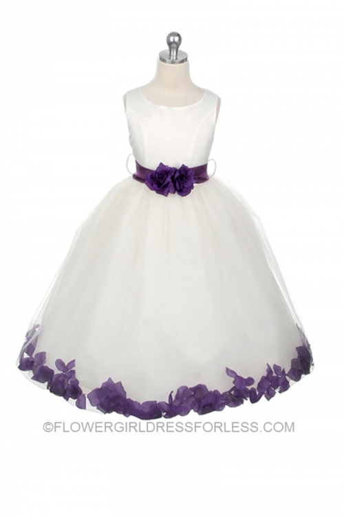 Flower Girl Dress Style 152 Choice of White or Ivory Dress with Purple Sash and Petals