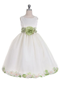 Flower Girl Dress Style 152-Choice of White or Ivory Dress with Sage Sash and Petals