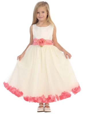 Flower Girl Dress Style 152-Choice of White or Ivory Dress with Coral Sash and Petals