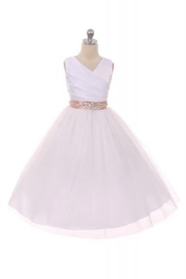Flower Girl Dress Style 276CB- White or Ivory Dress with BLUSH PINK BEADED Sash