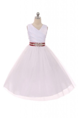 Flower Girl Dress Style 276CB- White or Ivory Dress with BURGUNDY BEADED Sash
