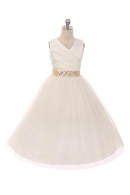 Flower Girl Dress Style 276CB- White or Ivory Dress with CHAMPAGNE BEADED Sash