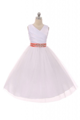 Flower Girl Dress Style 276CB- White or Ivory Dress with CORAL BEADED Sash