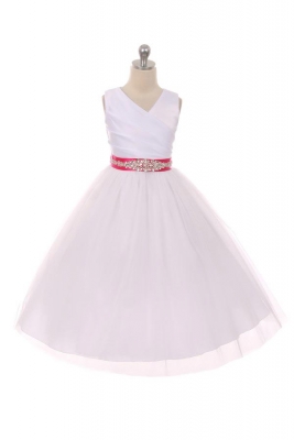 Flower Girl Dress Style 276CB- White or Ivory Dress with FUCHSIA BEADED Sash