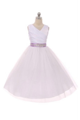 Flower Girl Dress Style 276CB- White or Ivory Dress with LILAC BEADED Sash