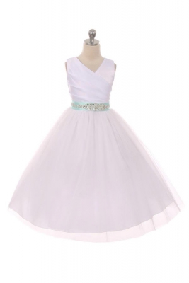 Flower Girl Dress Style 276CB- White or Ivory Dress with MINT BEADED Sash